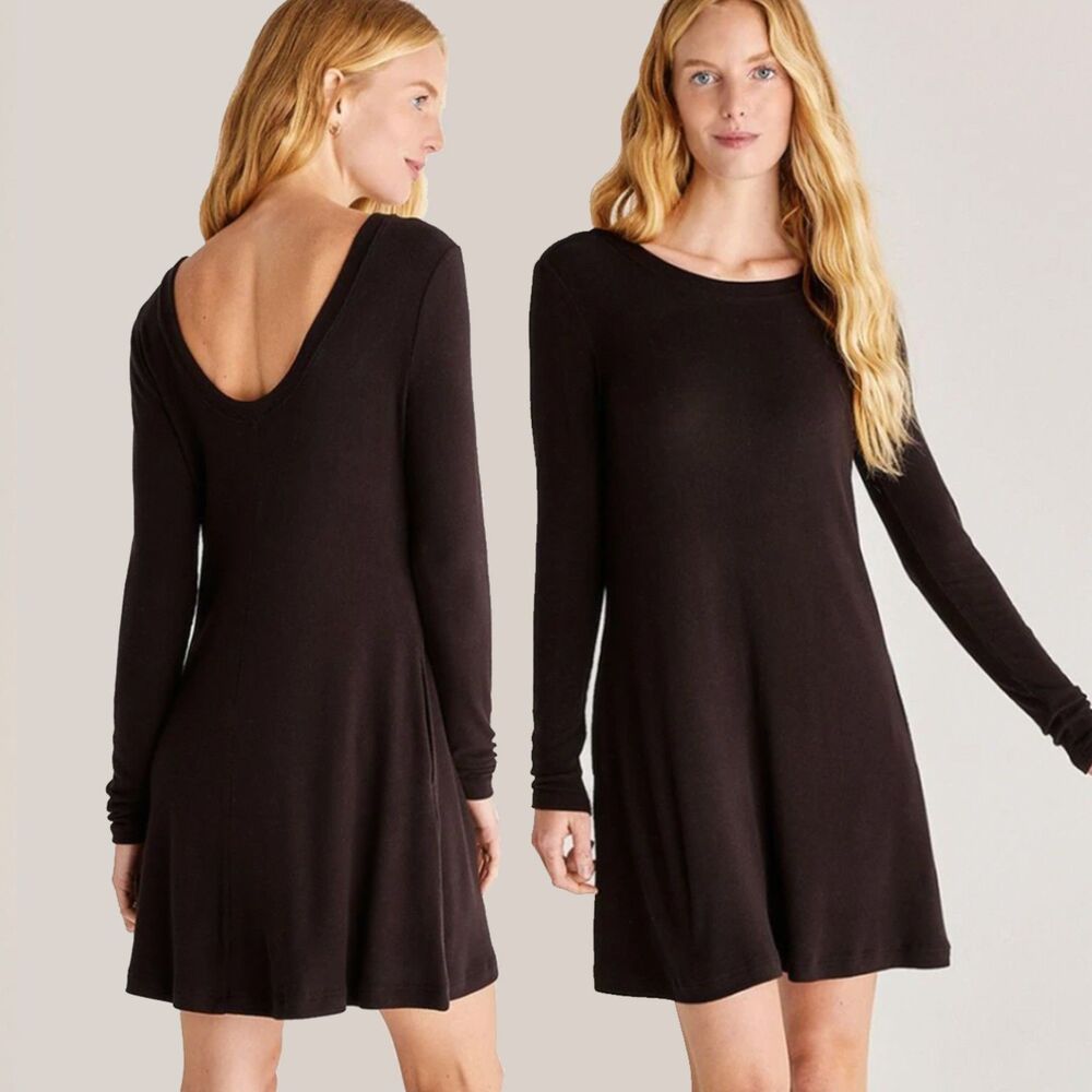 NWT Z SUPPLY Willa Scoop Back Swing Dress (XS) in Black Soft Brushed Rib Knit